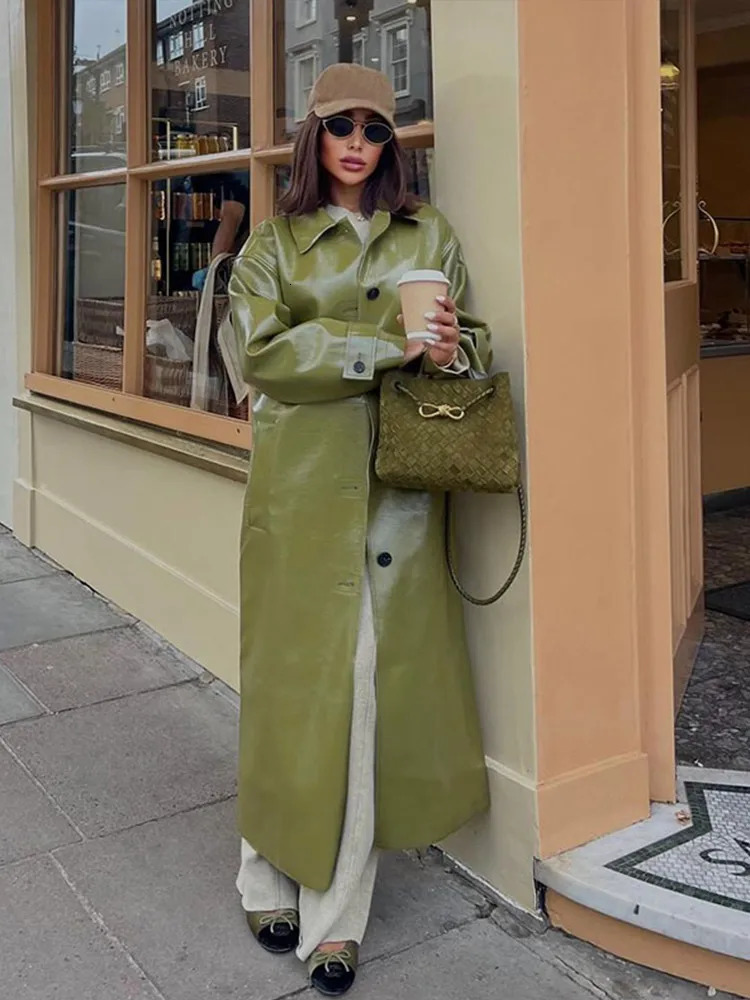 PU Leather Fashion Split Long Coat Women Single Breasted Loose Turndown Collar Pocket Street 2024 Autumn Outwear Green Jacket 241125