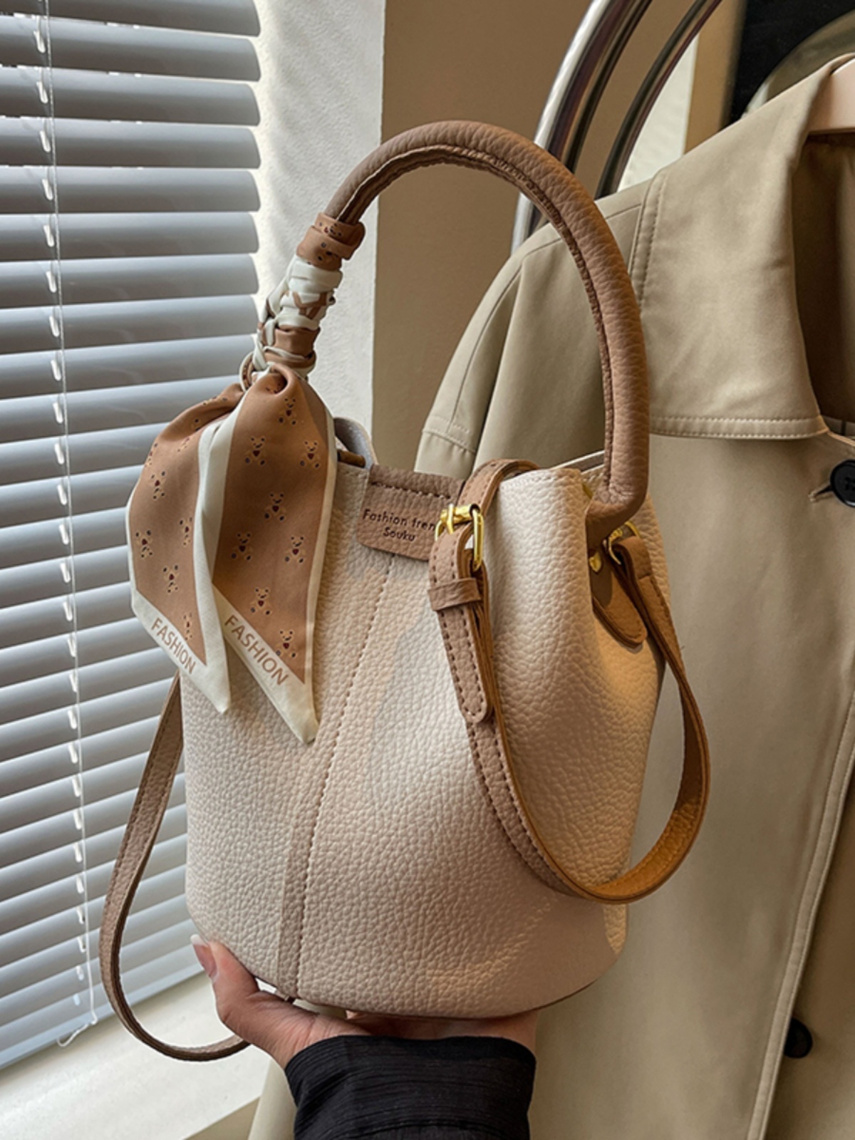 New silk ribbon design PU leather women's slanted bucket bag fashion shoulder bag designer women's handbag and wallet