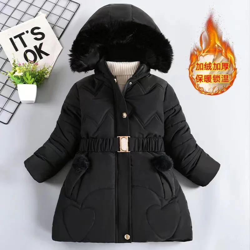 3 4 5 6 8 10 Years Winter Girls Coat Keep Warm Thicken Kids Jacket Hooded Zipper Fur Collar Princess Outerwear Children Clothing 241126