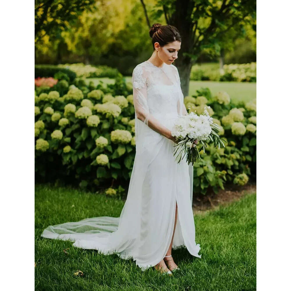 Pieces Two New Vintage With Wrap Sheer Lace Cape Chiffon Wedding Gowns Country Style Beach Garden Bridal Dresses