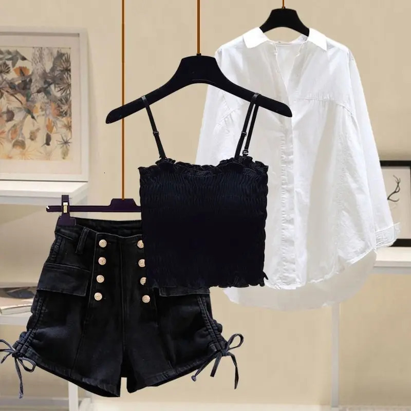 Sexy Women Summer Suit Streetwear Knitted Vest Cropwhite Shirt Blousedenim Shorts 3 Pieces Suit For Women Y2k Outfits Set 2 - view 3
