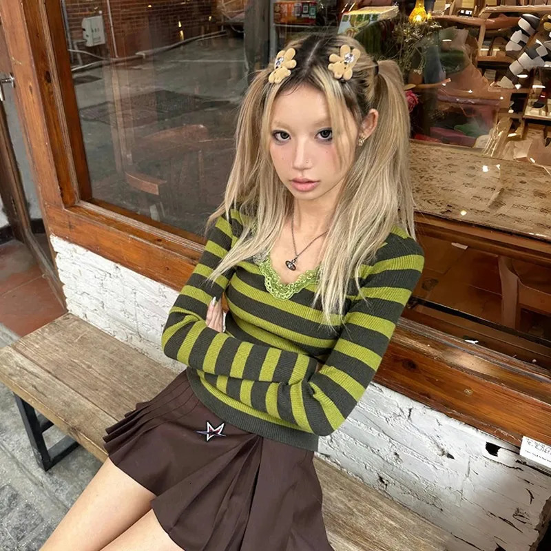 Karrram Japanese Y2k Green Striped Pullover Vintage 2000s Style Lace Knitted Tops Harajuku Fairycore V-neck Slim Sweater Elegant 241127