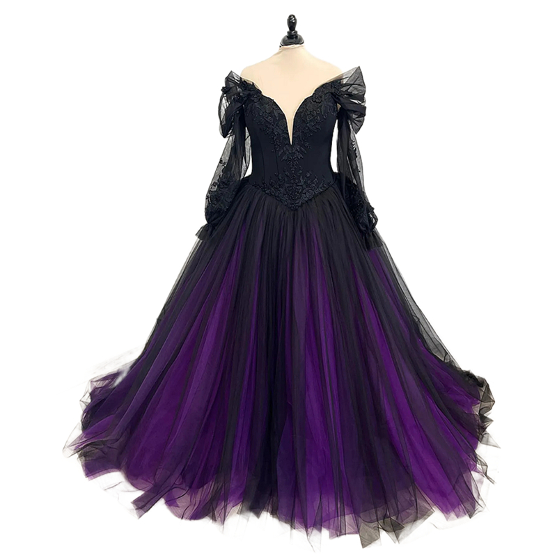 Gothic Wedding Dresses Black And Purple A Line Plus Size Bridal Gowns Lace Appliques Off Shoulder Long Sleeves Tulle Long Train Bride DRess