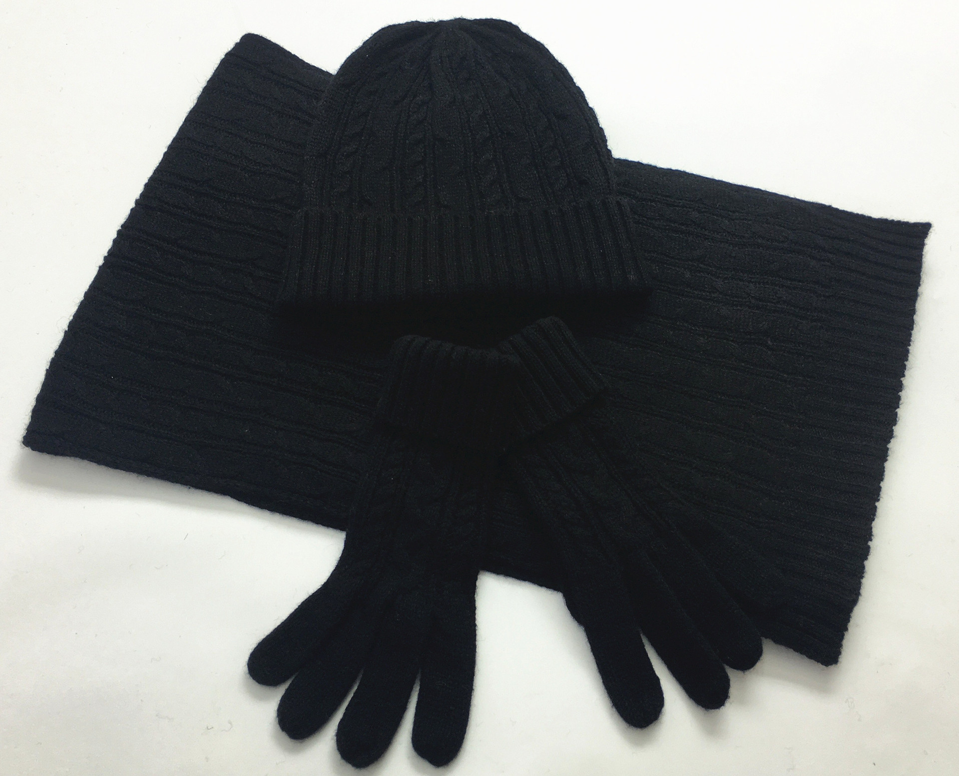 Europe and America Autumn and Winter Fashion Three piece Set Classic Fried Dough Twists Warm Hat Scarf Glove Set Factory Direct Sale