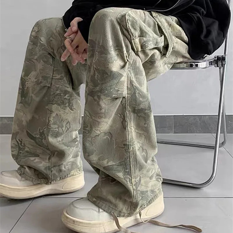 Y2K Fashion Side Pocket Camo Luggage Goods Jeans Mens Clothing Wide Legged Womens Cotton Pantaloni Uomo 240426