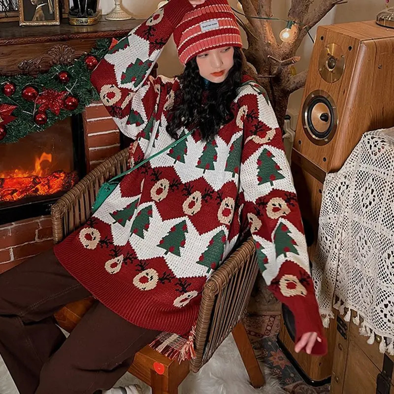 Y2k Casual Sweater Womens Christmas Cartoon Pattern Pullover Sweater 2024 Autumn and Winter Lazy Style Knitted Sweater 241127