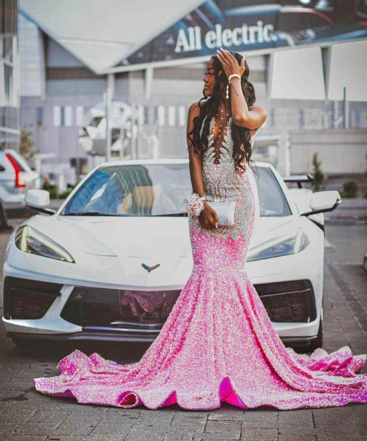 Rose Pink Sparkly Mermaid Prom Birthday Gala Dresses for Black Girl 2024 Luxury Diamond Crystal Velvet Evening Ceremony Gown