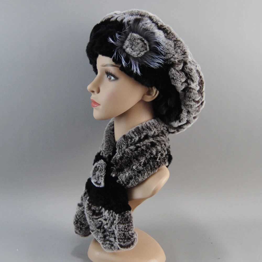 Fashion Girl Fur C La Winter Warm Real Rex Rabbit Fur Hat Scarf Set High Quality Luxury Womens% Real Fur Scarf+Hat Set W241127