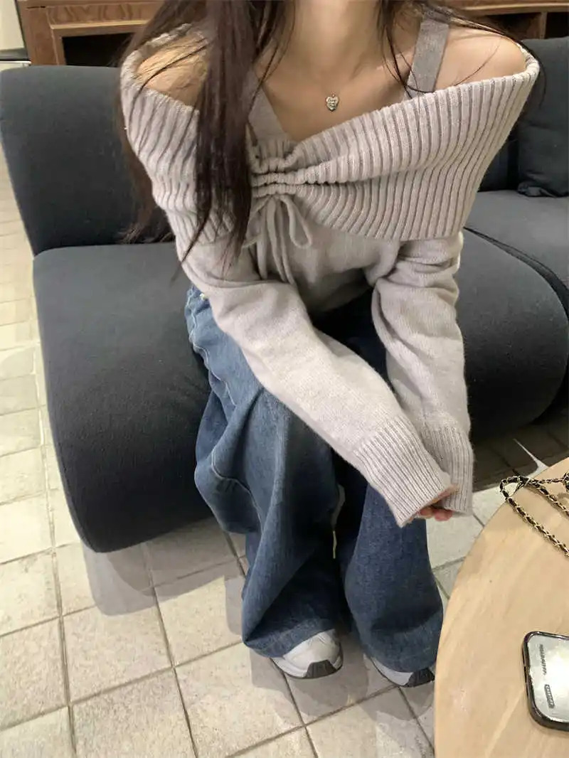 Winter Women Korean Fashion Pullovers Slash Neck er Knitwear Gyaru Long Sleeve Coquette Sweater Jumper 2000s s Y2k 241127