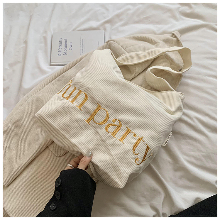 Korean Ins minimalist letter shoulder autumn and winter new corduroy canvas large capacity shopping commuting bag