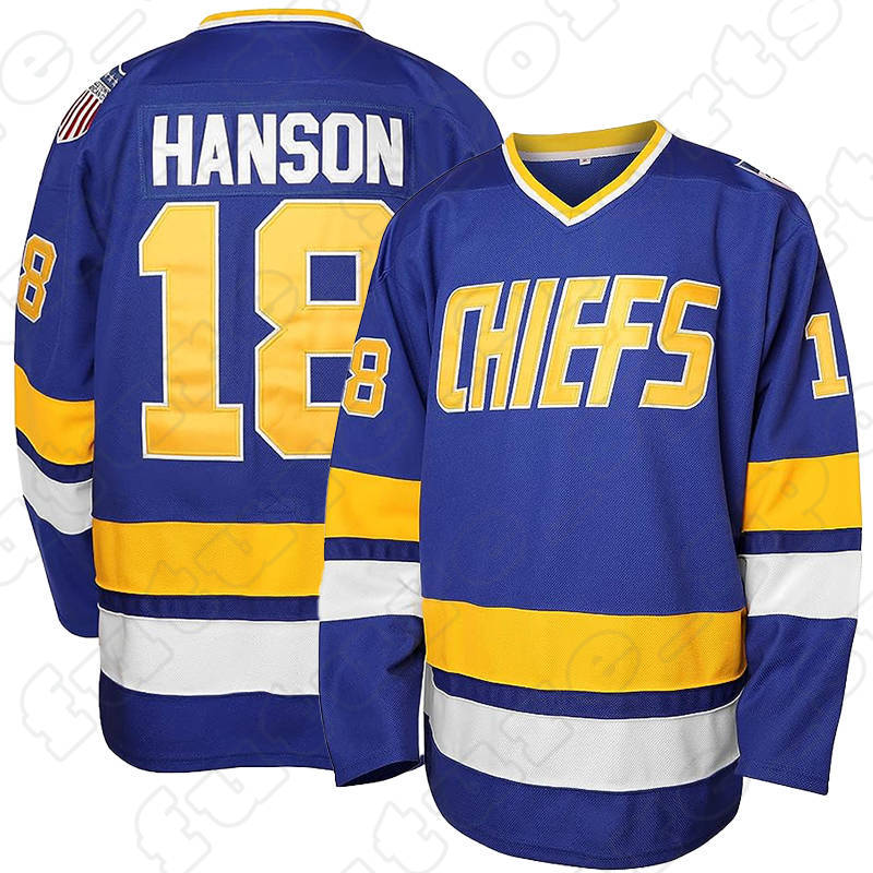 18 Jeff Hanson Brother Men Blue Ice Hockey Charlestown Chiefss V-Neck Stitched Letters with Long Sleeves Steve Jack Movie Hockey Black Friday Christamas Jersey