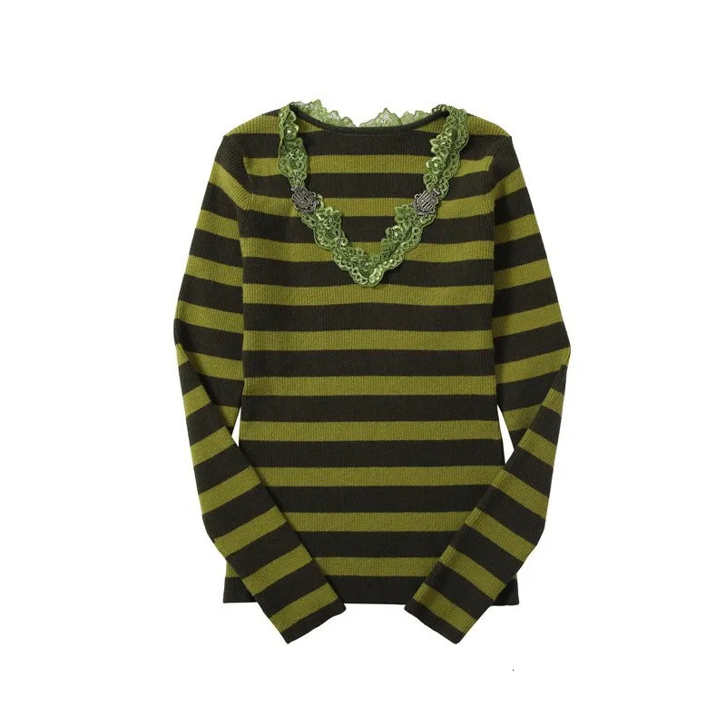 Karrram Japanese Y2k Green Striped Pullover Vintage 2000s Style Lace Knitted Tops Harajuku Fairycore V-neck Slim Sweater Elegant 241127