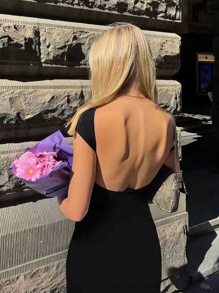 Ele Women Dress Basic Short Sve Sexy Backless Slim Fit Summer Casual Vintage Gothic Streetwear Long DressXJ2500207