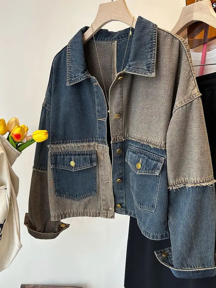 Fashionable retro jacket patch work contrasting color original edge long sleeved denim jacket casual loose fully matched womens clothing 241125