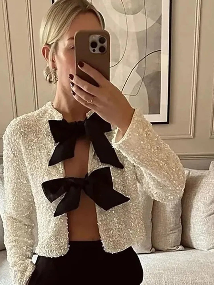 Fashion sequin bow lace womens jacket elegant O-neck long sleeved ultra-thin short jacket autumn womens fashion party streetwear 241125