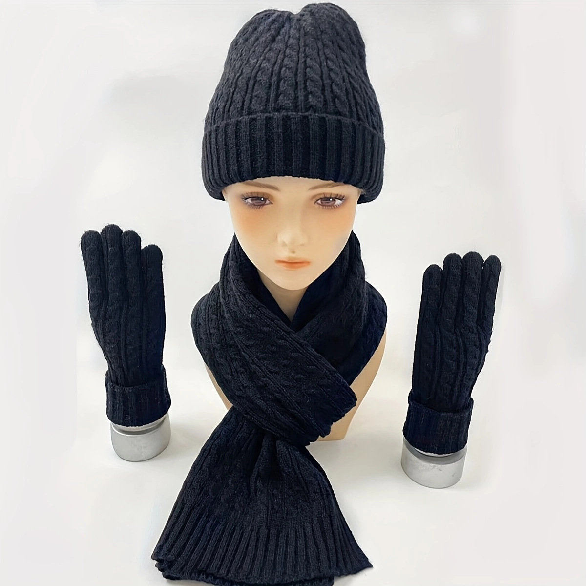 Winter European and American Fashion New Knitted Mask Hat Scarf One piece Women's Thickened Warm Autumn and Winter Solid Color Three piece Set