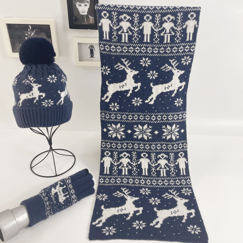Christmas and Winter Knitted Wool with Velvet Hat Scarf Hat Glove One piece Deer Student Thick Warmth Set