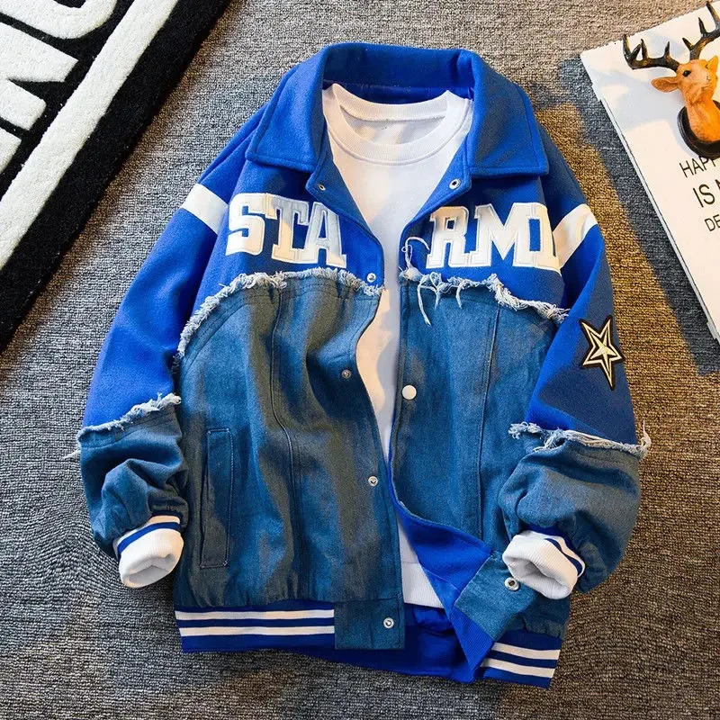 American retro denim stitching fashion embroidered jacket mens spring and autumn baseball uniform personalized trendy top 240415