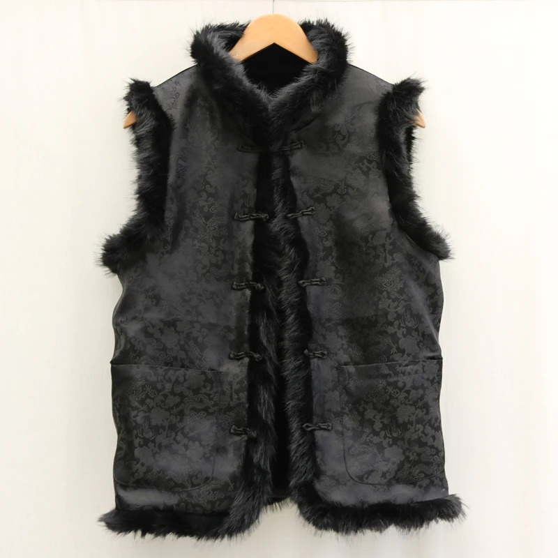 Mens fur leather vest spring and winter warm wool collar vest retro ethnic casual wear 241126