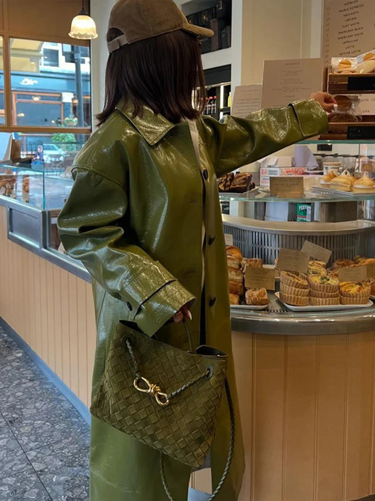 PU Leather Fashion Split Long Coat Women Single Breasted Loose Turndown Collar Pocket Street 2024 Autumn Outwear Green Jacket 241125