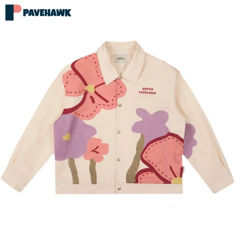 Flower Print Denim Jacket Men Women Fashion Loose Harajuku Couple Coat Autumn Y2k Japanese Street Hip Hop Cowboy Jackets 240415
