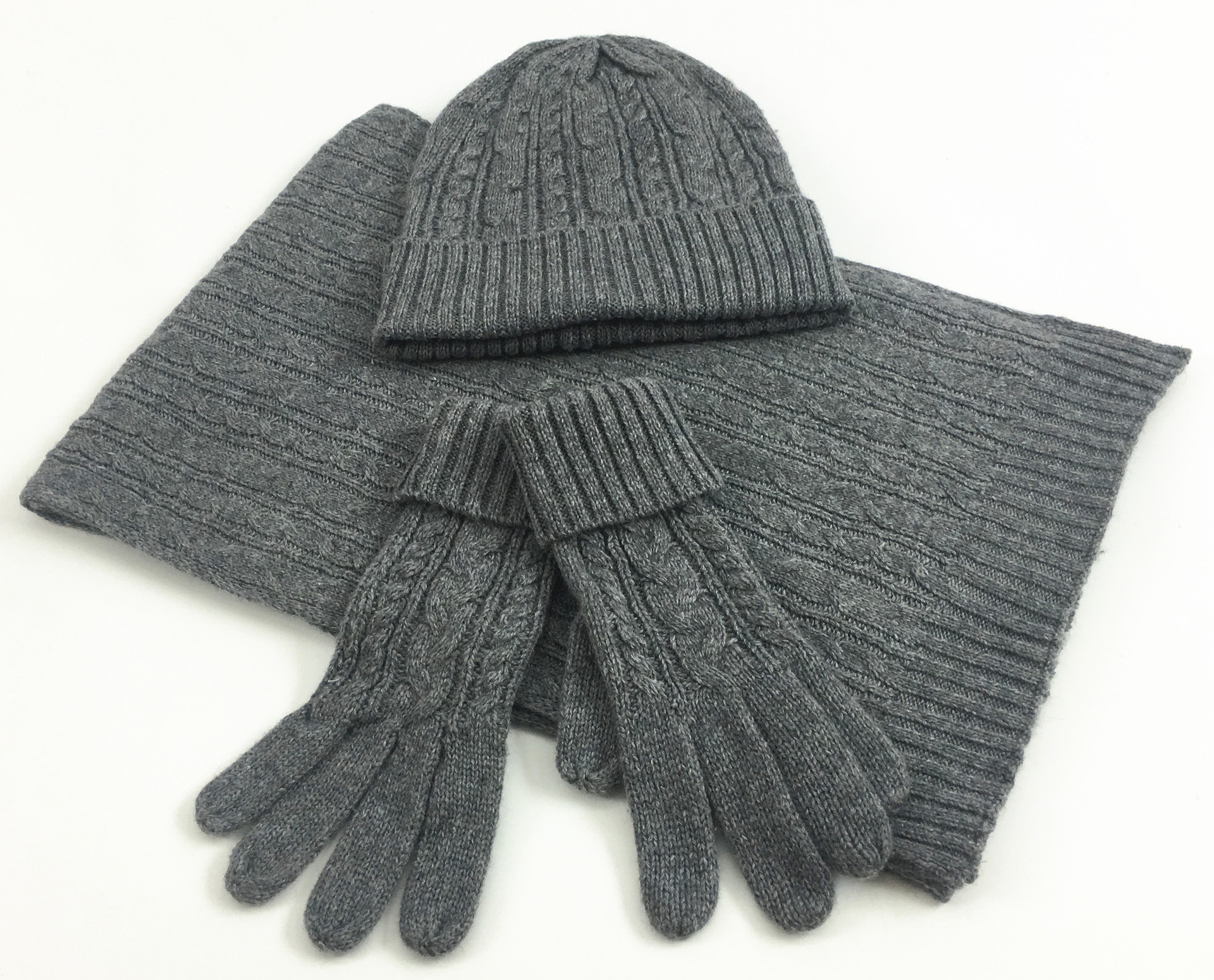 Europe and America Autumn and Winter Fashion Three piece Set Classic Fried Dough Twists Warm Hat Scarf Glove Set Factory Direct Sale
