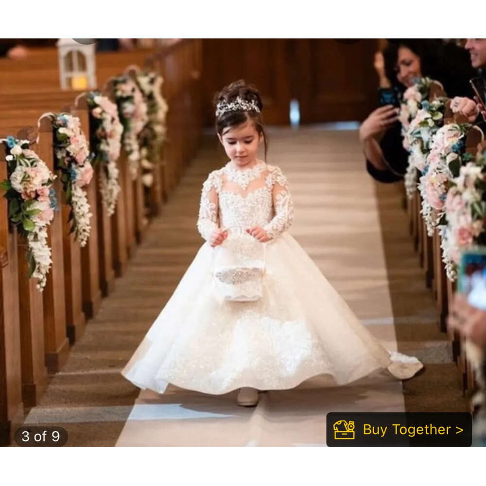 Flower Lovely Jewel Lace Dresses Neck Sheer Long Sleeves Applique Big Bow Birthday Dress Girls Pageant Gowns With Button Back Bc