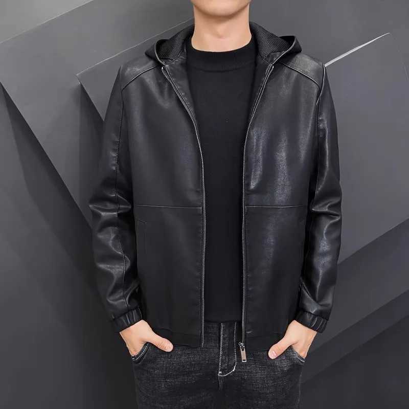 Fashion Autumn Mens Hoodie Pu Leather Jacket Fashion Black Motorcycle Leather Jacket High Quality Casual Street Zipper Jacket Mens Y251124