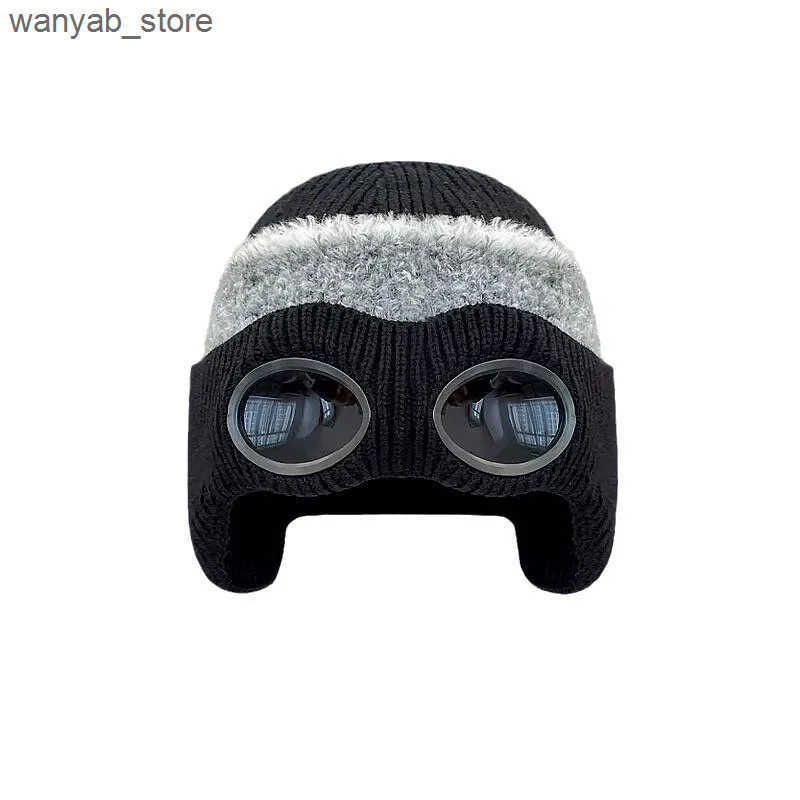 Beanie/Skull Caps Autumn and winter warm ski mask hat with sunglasses knitted and pulled Beanie womens outdoor ear protection sports cold hat Gorras L