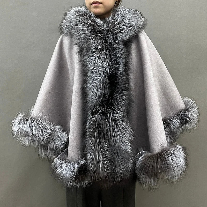 Womens Hooded Real Fur Poncho Genuine Silver Fox Collar Trim Wool Cape Fashion Style Winter Warm Shawls XG5388 241126