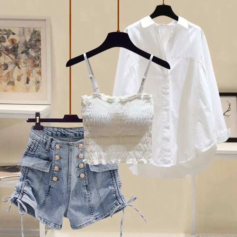 Sexy Women Summer Suit Streetwear Knitted Vest Cropwhite Shirt Blousedenim Shorts 3 Pieces Suit For Women Y2k Outfits Set 2 - view 4