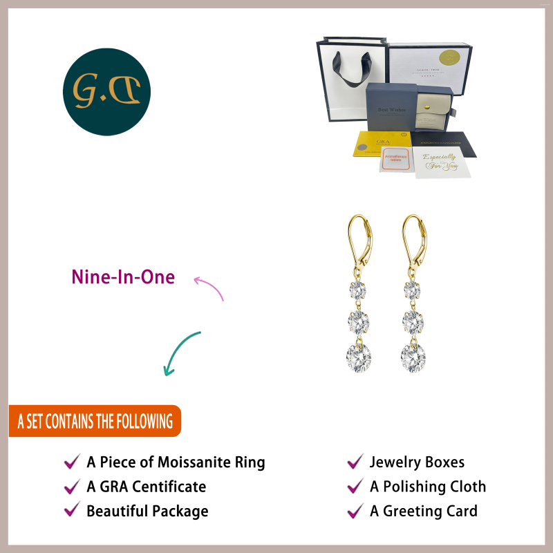 Dangle Earrings 7 Ctw Gold-Plated Moissanite Drop - S925 Silver With Triple Sparkling Stones Elegant And Timeless Design