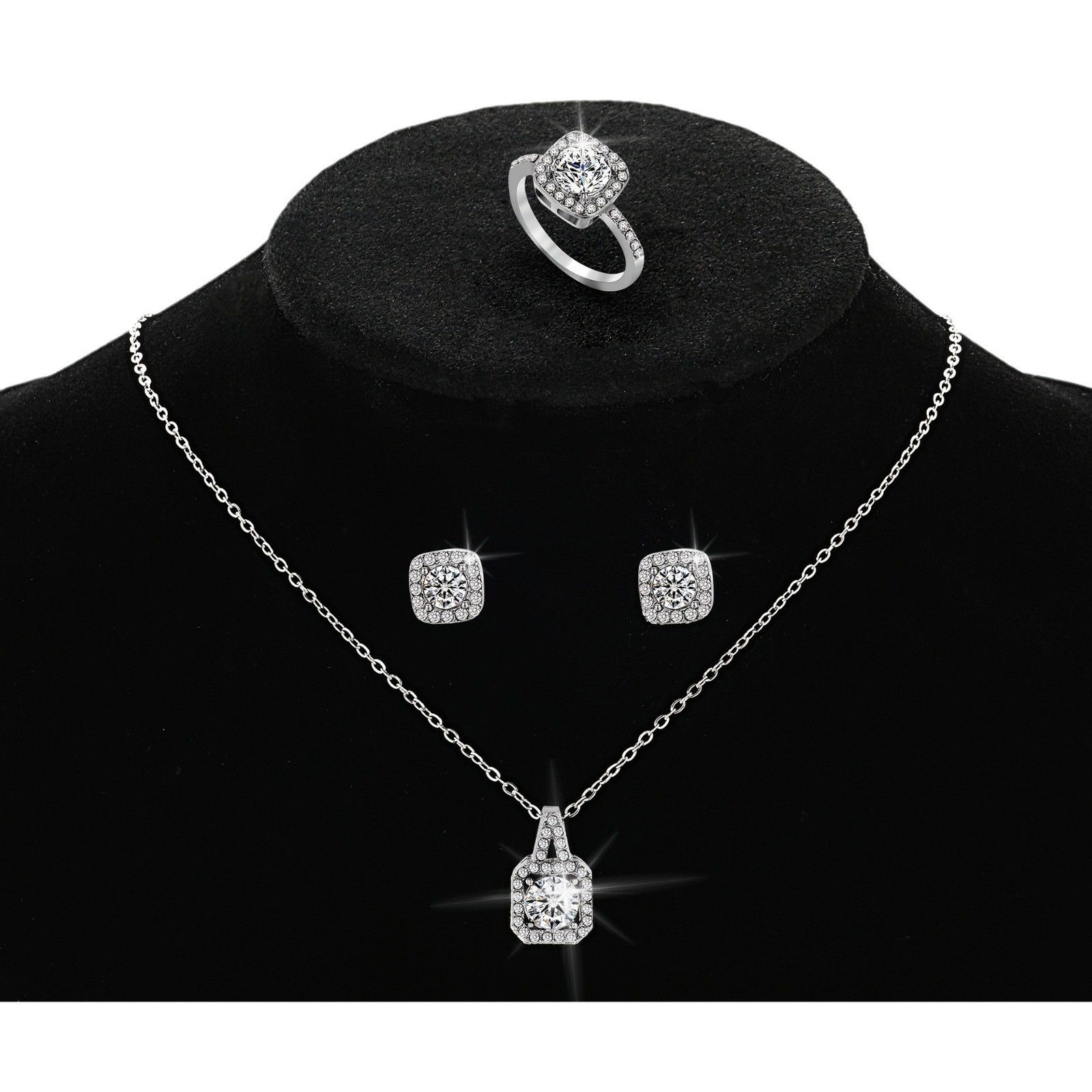 Europe and the United States cross-border hot fashion high-class sense of full of diamond ring earrings necklace jewellery set three-piece set