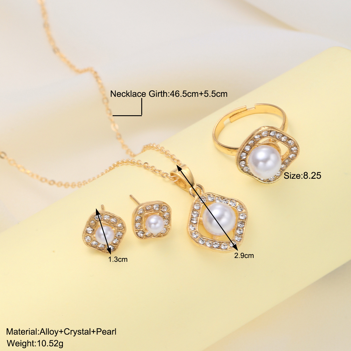 Diamond-set square pearl earrings ring necklace 3-piece set of cross-border fashion in Europe and the United States new creative senior design sense