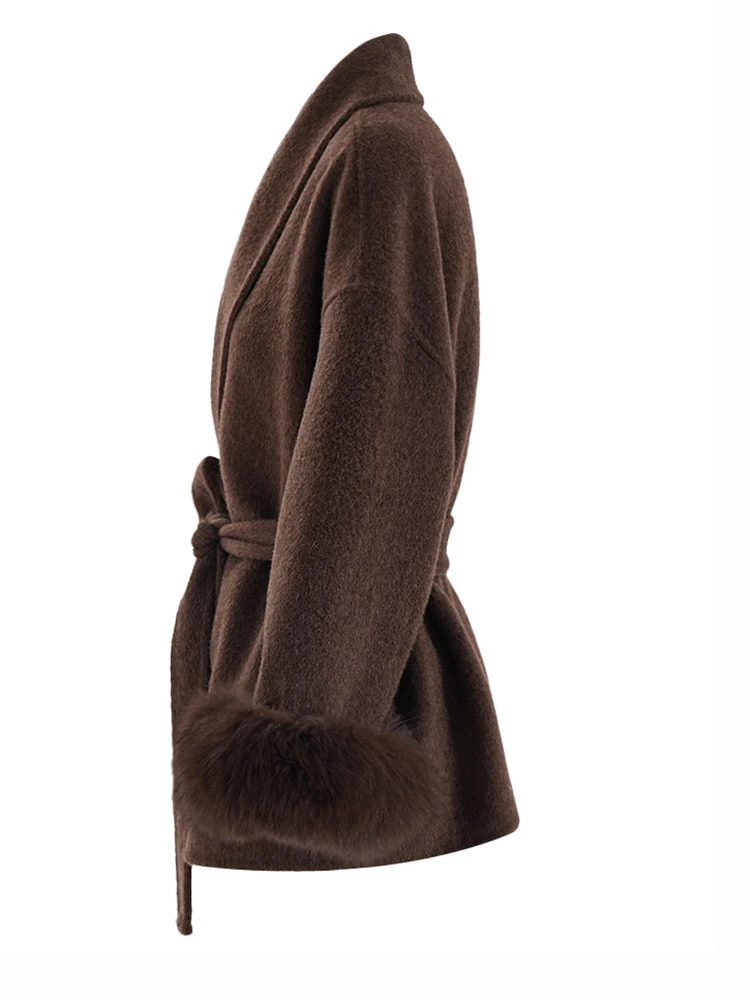 EAM Wine Red Fur Cuff Big Size Belted Woolen Coat Lapel Long Sleeve Women Jacket Fashion Autumn Winter 2024 CPG2347 241121