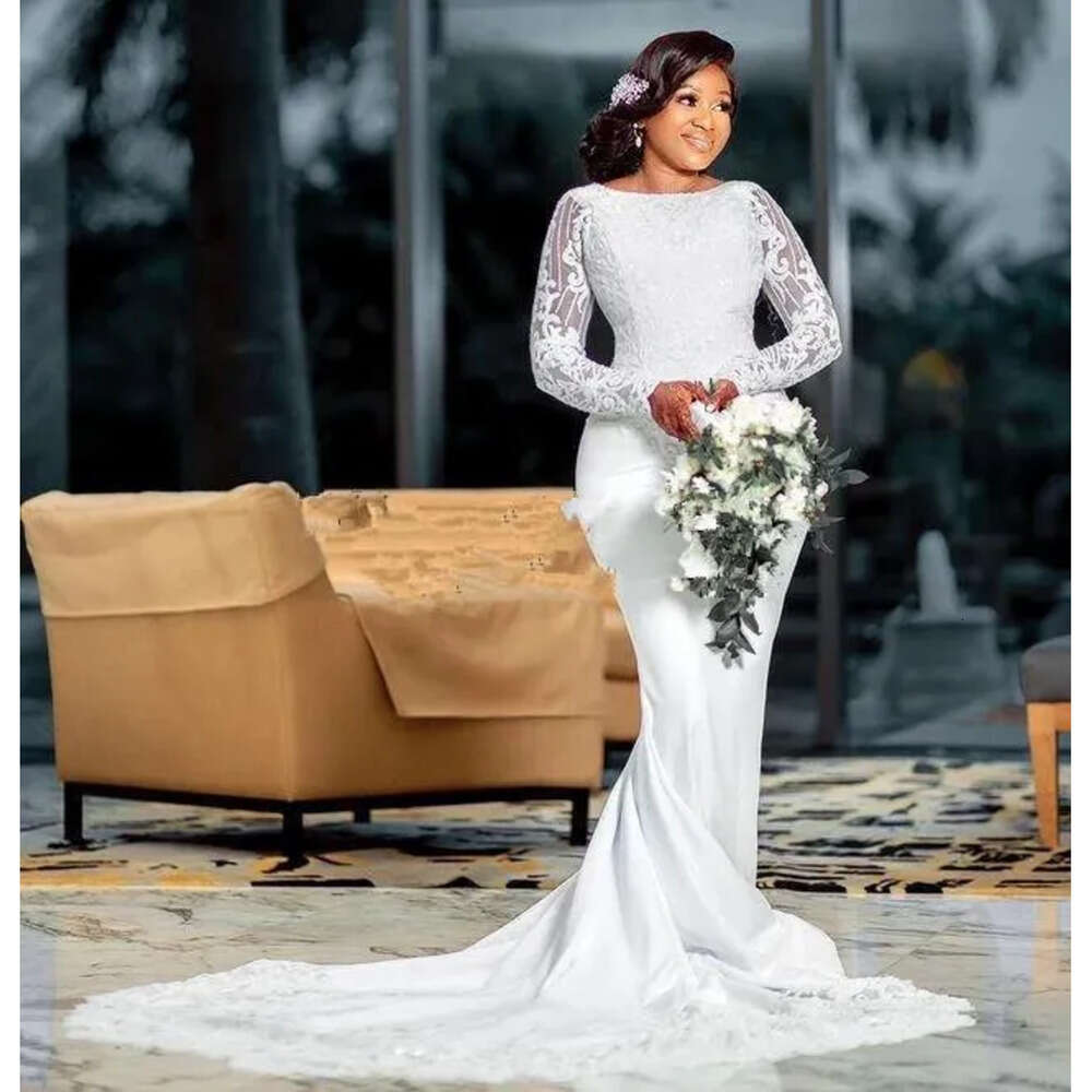 Size Arabic Lace Plus White Aso Ebi Beaded Mermaid Wedding Gowns Long Sleeves Covered Buttons Back African Bridal Party Dresses Wjy