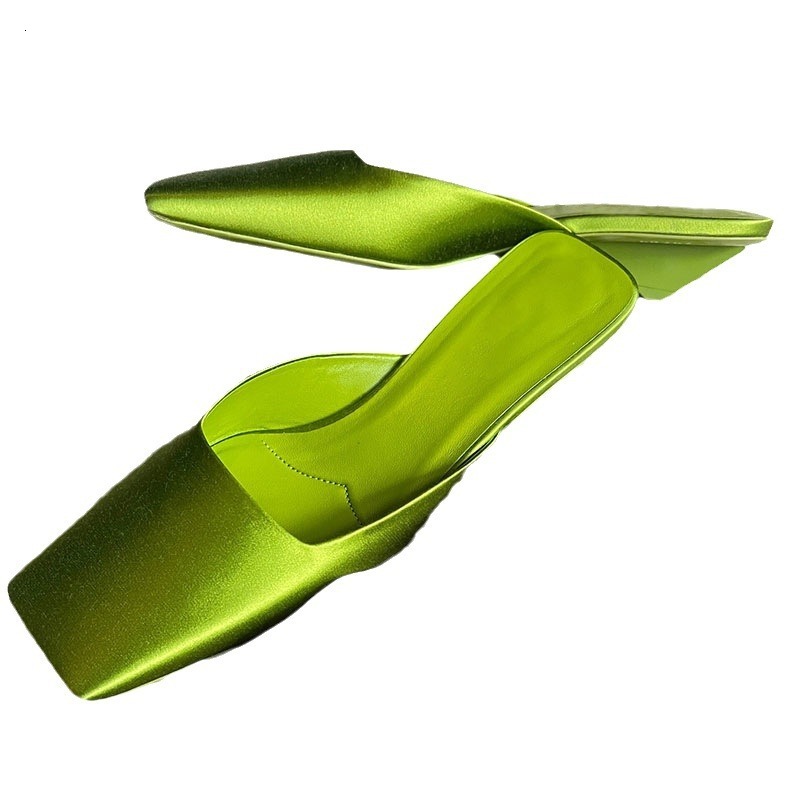 Elegant Green Satin Design Slippers Women 2024 Summer Fashion Middle Heel Square Toe Mules Loafers Brand Slide Sandals