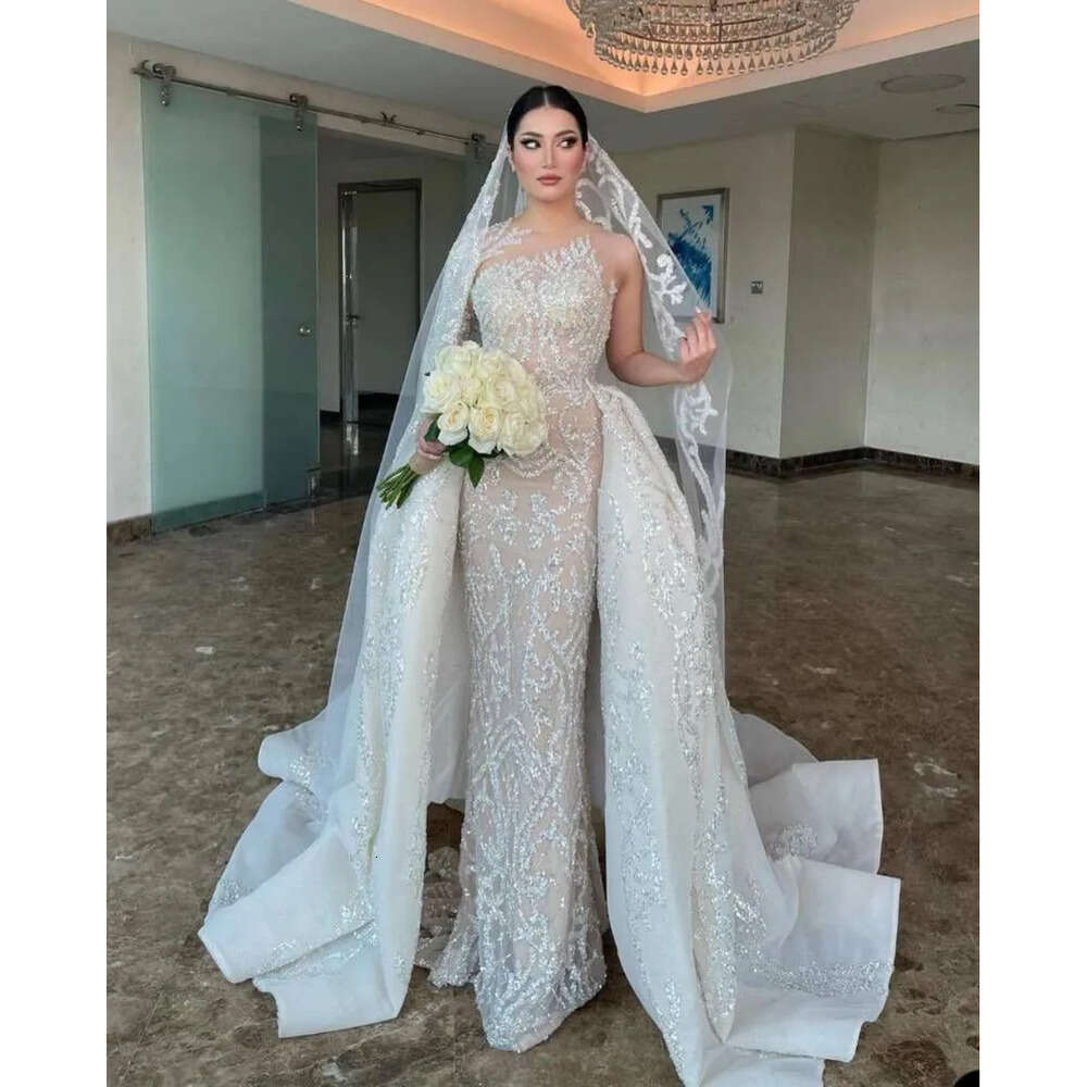 Mermaid Dress Sexy Sparkly Beads Sheer Jewel Neck Saudi Arabic Wedding Dresses With Detachable Train Wly Es