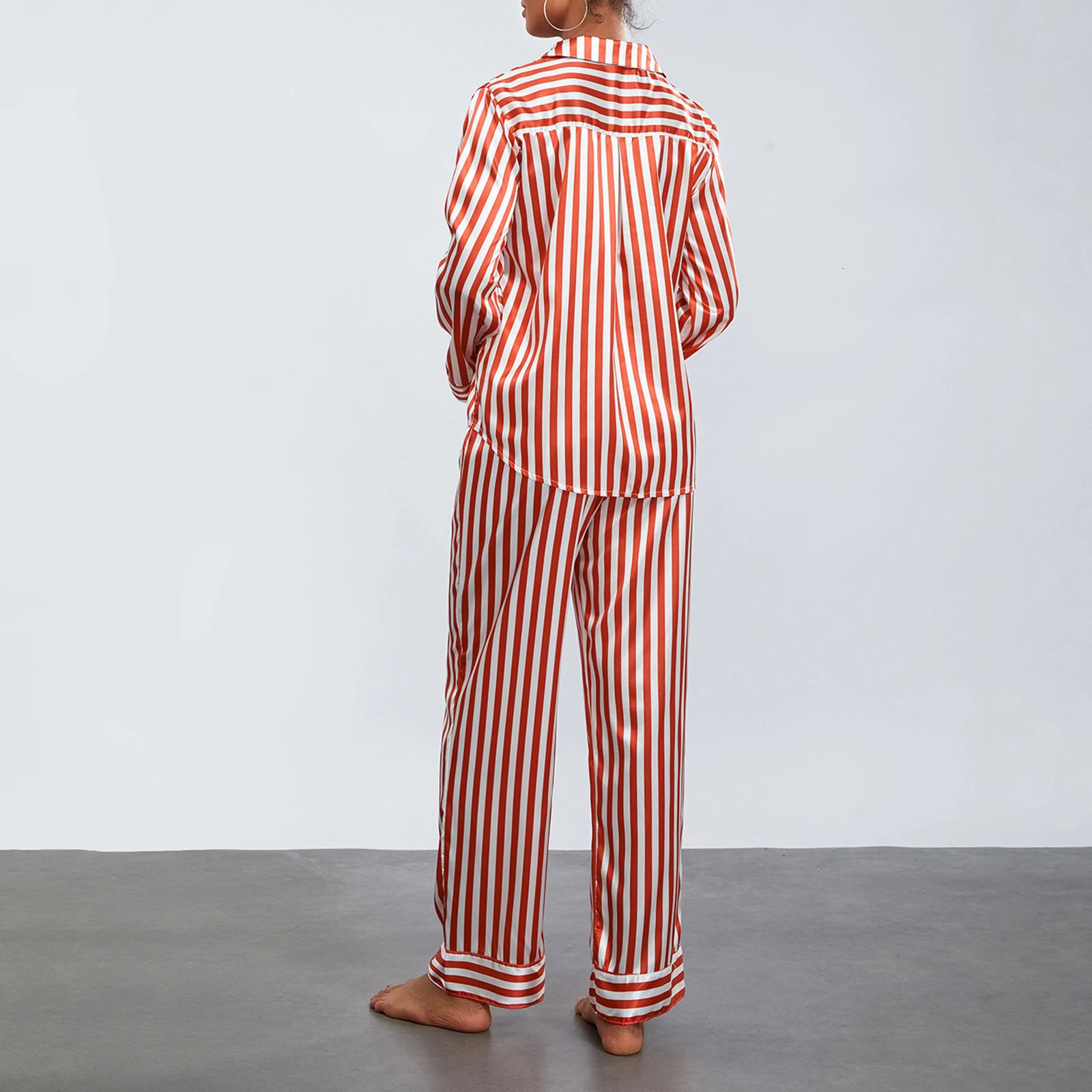 2024 Women Christmas Pajama Sets Striped Long Sleeve Satin Button Shirts with Wide Leg Long Pants Nightwear Sleepwear Loungewear 241127