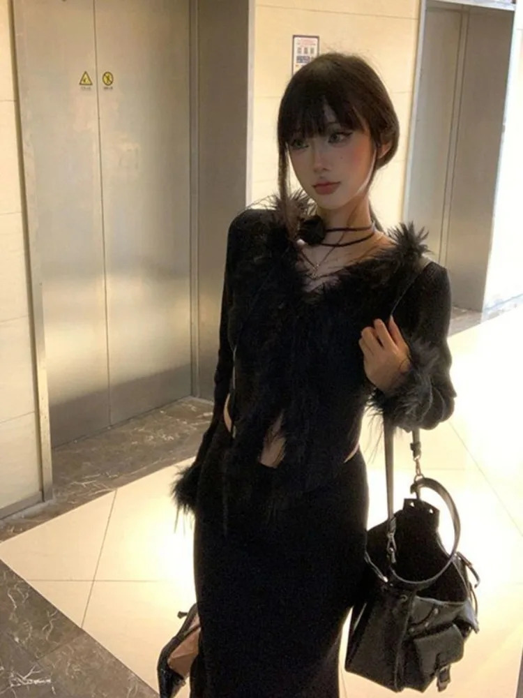 Black Fluffy V-neck Cardigans Mujer Spring Autumn Slim Fit Knitted Tops Women Y2k E-Girl Long Sleeve Bottoming Sweaters 241127