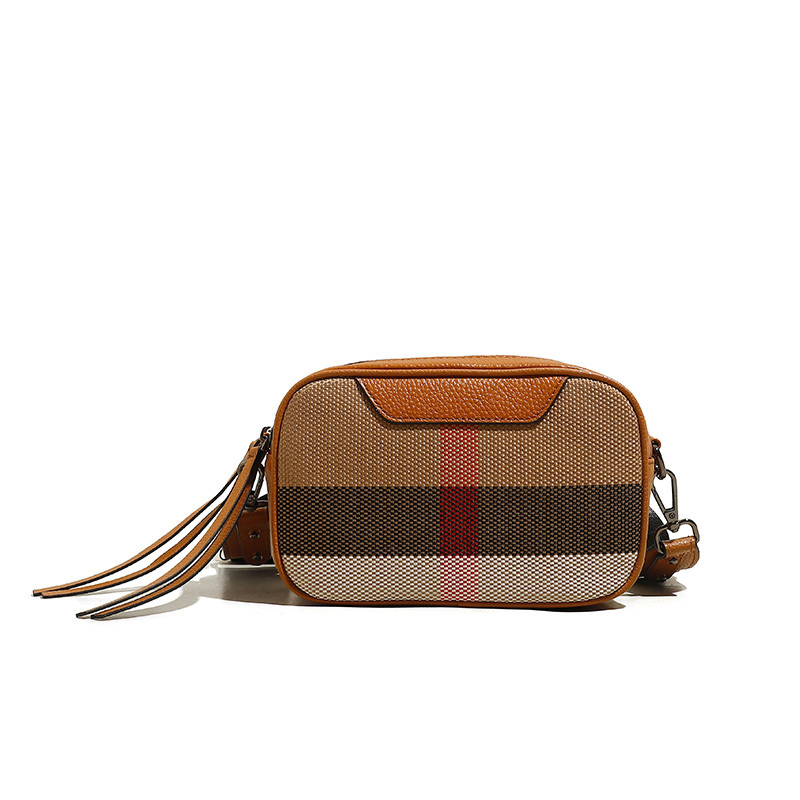 Free Shipping Real Leather Women's Small Canvas Crossbody New Wide Strap Fashionable Square Flip Designer Shoulder Plaid Bag