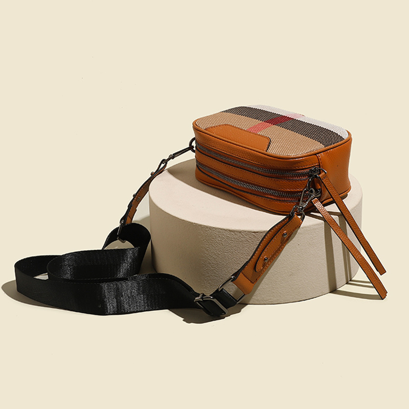 Free Shipping Real Leather Women's Small Canvas Crossbody New Wide Strap Fashionable Square Flip Designer Shoulder Plaid Bag