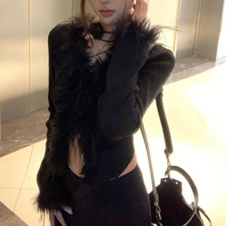 Black Fluffy V-neck Cardigans Mujer Spring Autumn Slim Fit Knitted Tops Women Y2k E-Girl Long Sleeve Bottoming Sweaters 241127