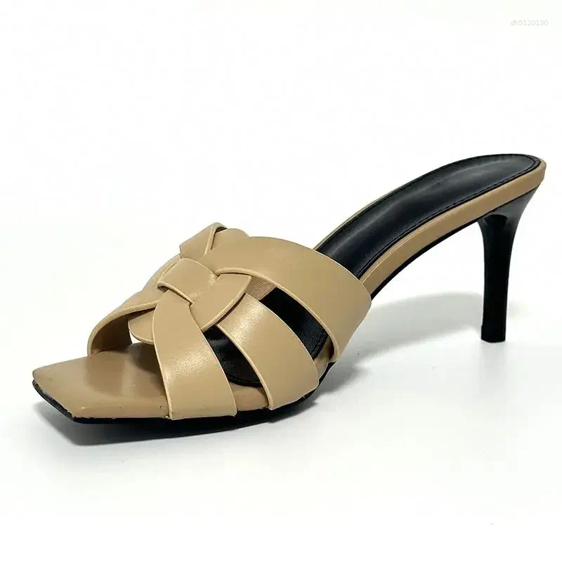 Solid Slippers Summer High Heel Woman Slipper Woven Sheep Leather Designer Runway Mule Peep Toe Multicolor Real Party Shoe