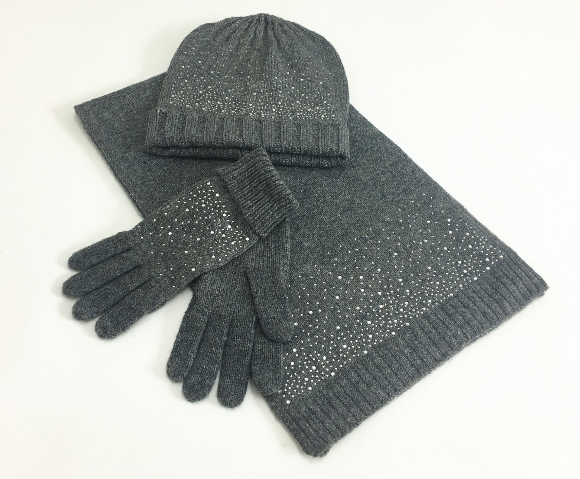 New European and American fashion three piece set with hot drilling for autumn and winter warmth hat scarf glove set factory direct sales
