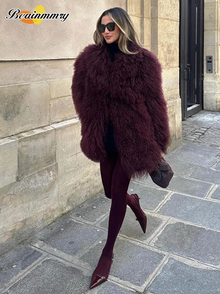 2024 Fashion Wine Burgundy Furry Faux Fur Warm Womens Coats Thicken Fluffy Plush Loose Trendy Jacket Winter Lady Outerwear 241121Z