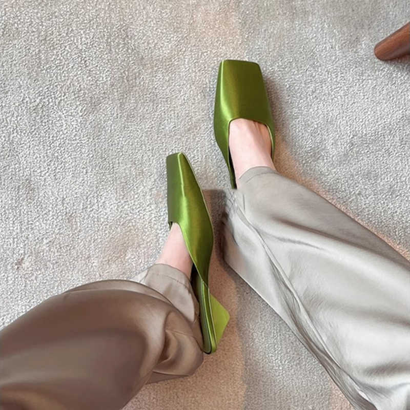 Satin Design Mules Shoes For Women Summer Sexy Square Head Strange Low Heel Slide Sandals Elegant Comfort Dress Slippers