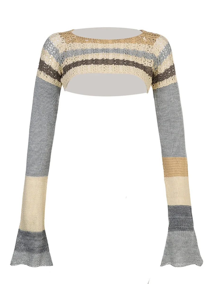Women Cropped Sweater Autumn Knitted Shrug Tops Long Sleeve Jumpers Cover-ups Punk Grunge Y2K Aesthetic Clothes Streetwear 241127
