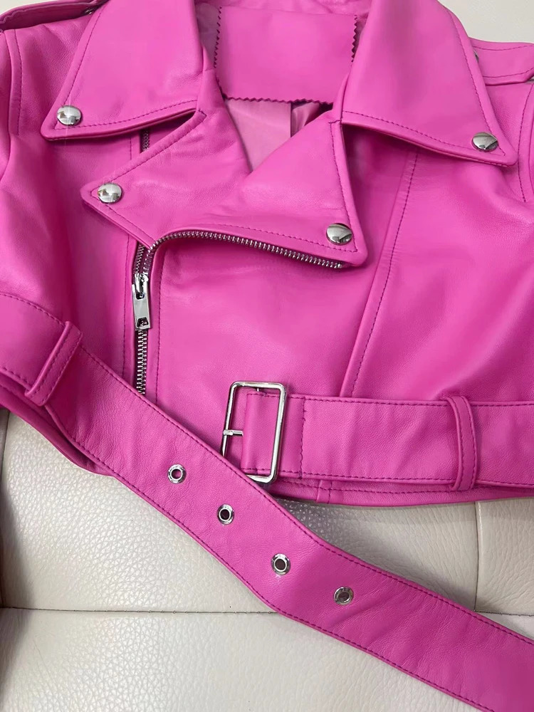 motorcycle womens leather clothing European trend Pink natural goat belt zipper Ultra short jacket Street weer 241128