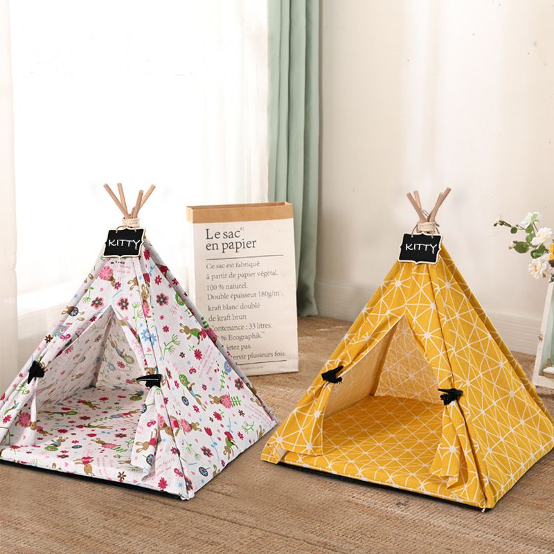 Canvas Pet Tent Pet Teepee Dog Tent House Cat Bed Puppy Cat Indoor Outdoor Pet Teepee with Cushion Portable Dog Tent Supplies